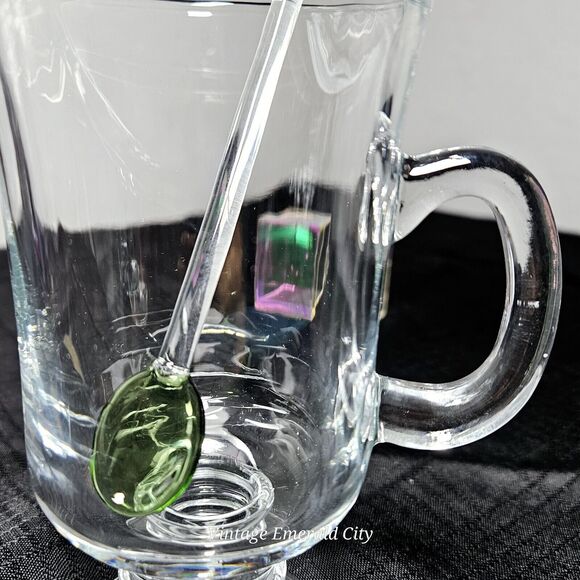 Set Of Glass Irish Coffee Hot / Cold Footed Clear Mug & Emerald City Green Spoon - Picture 12 of 13